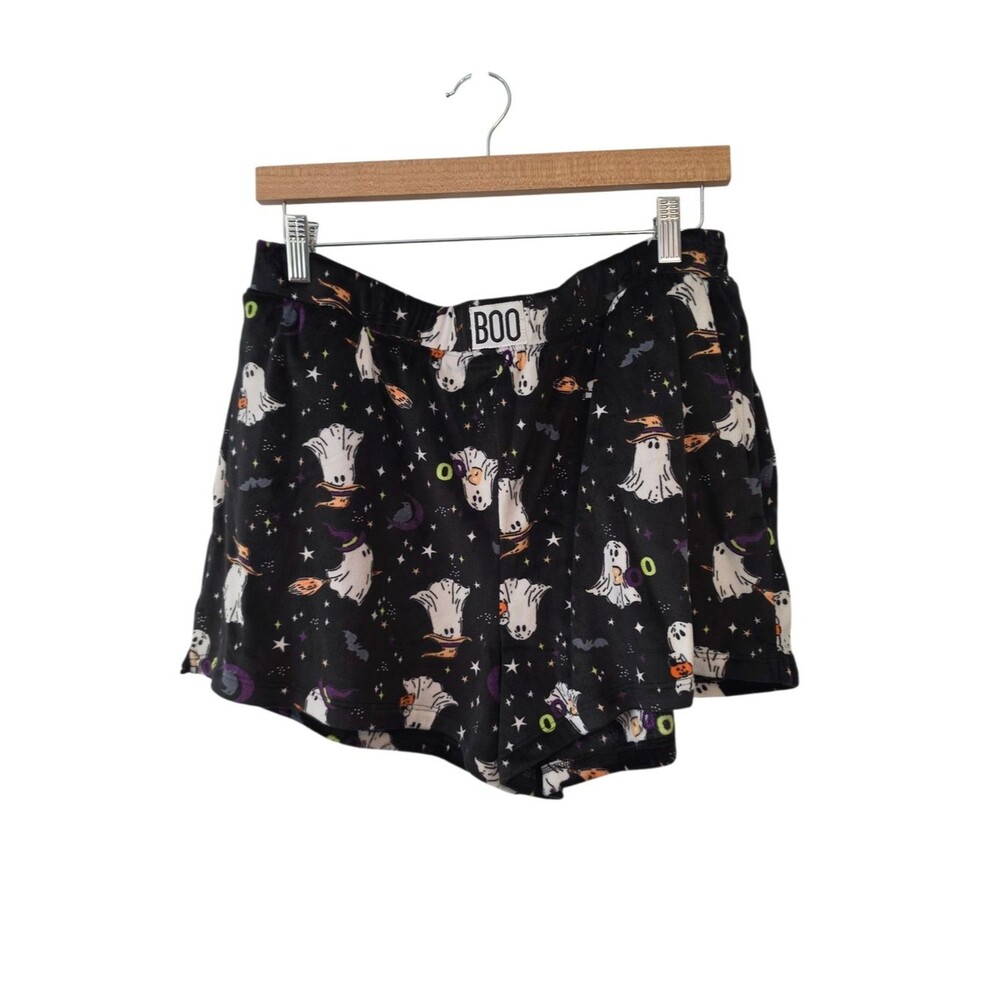 Celebrate Halloween BOO Black Ghost Velour PJ Lounge Shorts Size Large